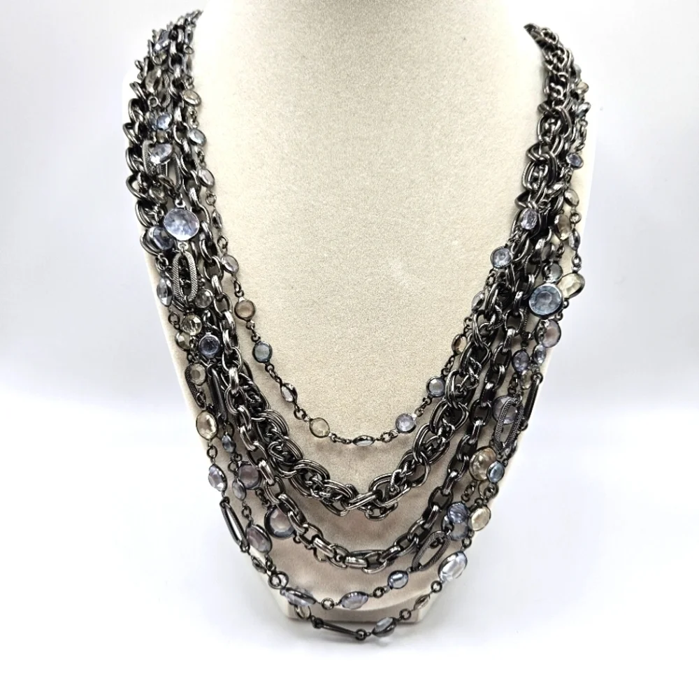 VINTAGE Talbots Gun Metal Multi Strand Chain Clear Stone Beaded Necklace